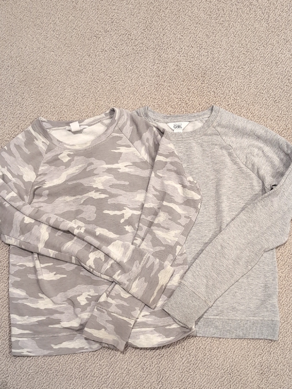 Two Athleta Girl Gray And Camo Cozy Cross Sweatshirt